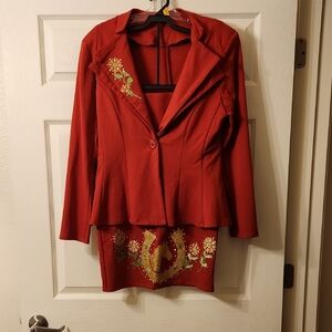 Source Unknown Red Floral Embroidered Blazer and Skirt Set